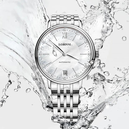 Reloj Automático LOBINNI para mujer, reloj de pulsera mecánico de lujo para mujer, reloj femenino de zafiro resistente al agua, esfera de perlas de cristal de Austria