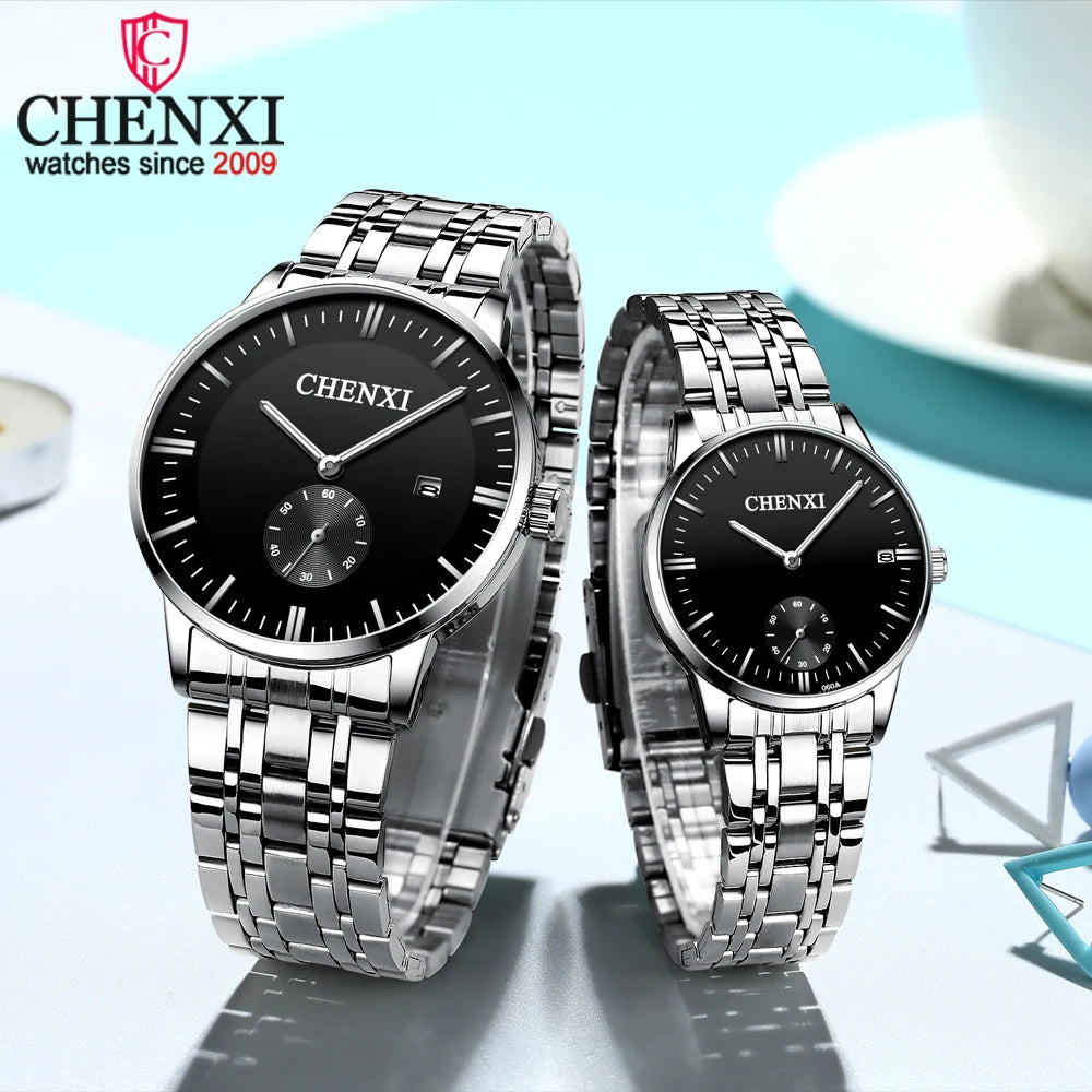 Marca superior CHENXI, relojes de acero inoxidable completos para parejas, reloj informal de moda, relojes de pulsera de cuarzo resistentes al agua, regalos diarios