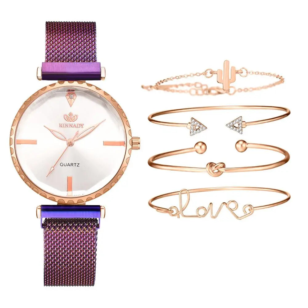 Women‘s Watch Set 5pcs Simple Rhinestone Ladies Watches Luxury Woman Wristwatch Magnetic Mesh Purple New zegarek damski relogios