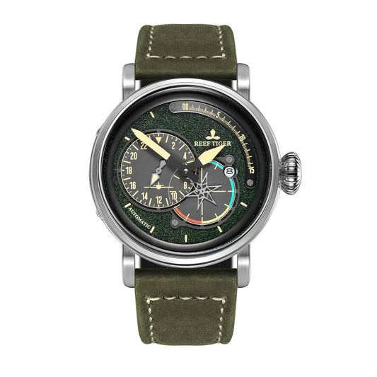 Reef Tiger-relojes automáticos para hombre, pulsera mecánica de piloto, correa de Cuero militar de zafiro, 24 horas, fecha automática, RGA3019