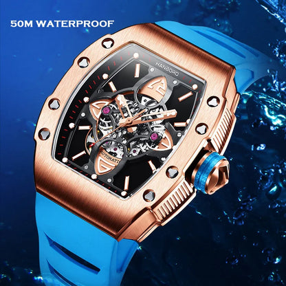 HANBORO Men Luxury Watch Mens Automatic Watches 50m Water Resistant  Luminous Mechanical Wristwatch Rubber Strap Tonneau Case