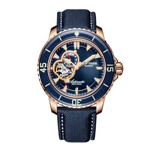 Reef Tiger-relojes de buceo para hombre, pulsera deportiva automática, resistente al agua, esqueleto con luz, correa de nailon, bisel de zafiro, RGA3039, 200m