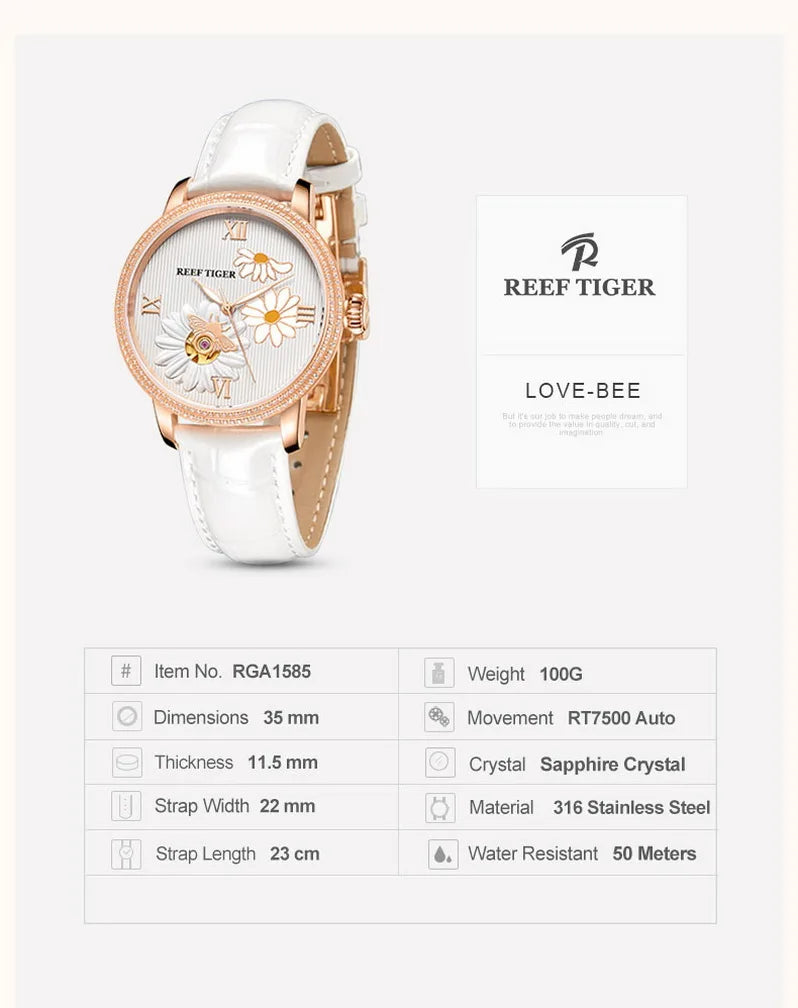 Reef Tiger-relojes automáticos para mujer, reloj de pulsera mecánico de lujo a la moda, correa de cuero de zafiro, reloj femenino RGA1585