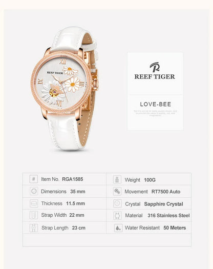 Reef Tiger-relojes automáticos para mujer, reloj de pulsera mecánico de lujo a la moda, correa de cuero de zafiro, reloj femenino RGA1585