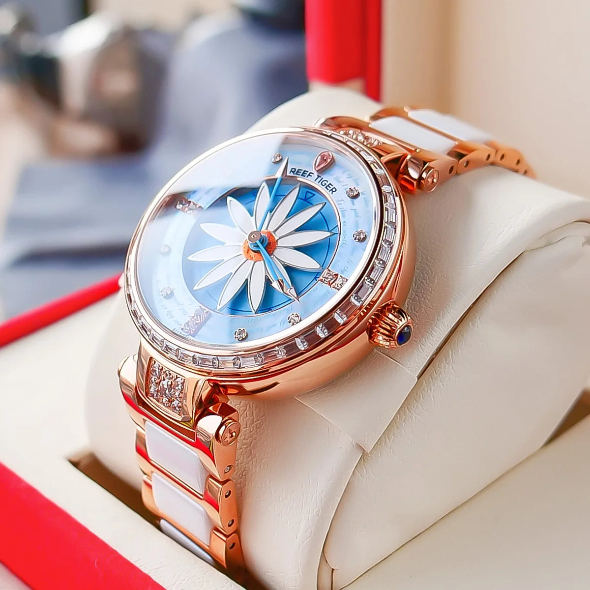 Reef Tiger/RT Fashion Lily Women Watch Rose Gold Diamonds Bezel Lady Automatic Watches Relogio Feminino RGA1599