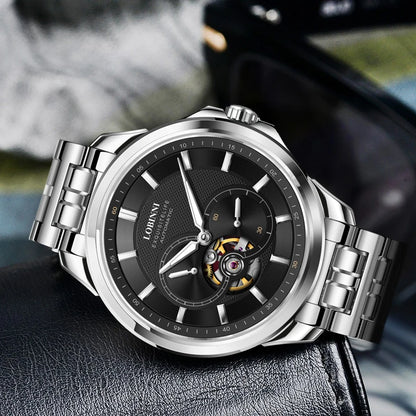 Reloj Automático LOBINNI para hombre, relojes de lujo para hombre, reloj de pulsera mecánico de moda, cristal de zafiro, esfera con mecanismo al descubierto, correa de acero