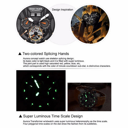 Reef Tiger Mens Automatic Watches Male Military Watch Sport Mechanical Wristwatch Leather Strap Sapphire Skeleton Dial RGA3532