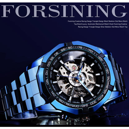 Forsining Mechanical Men's Wristwatch Skeleton Hollow Automatic Watch 3Bar Stainless Steel Men Watches Blue Fashion Reloj Hombre