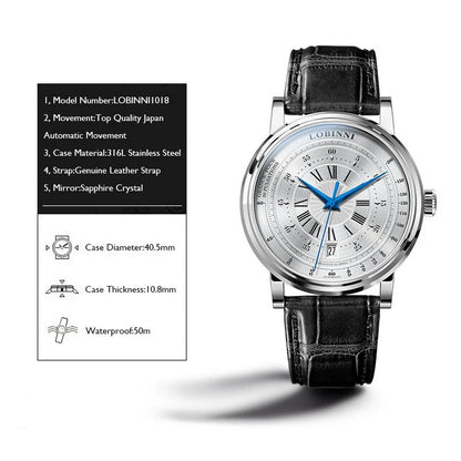 Relojes LOBINNI automáticos para hombre, reloj de lujo para hombre, resistente al agua hasta 50M, básculas romanas, reloj de pulsera mecánico de viento automático, cristal de zafiro