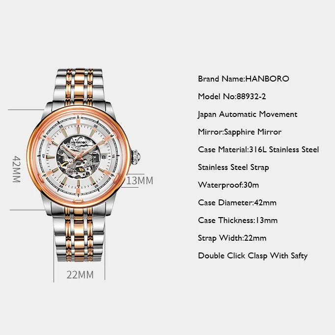 HANBORO Men Automatic Watch Luxury Male Watches Business Mechanical Wristwatches Waterproof Steel Strap Skeleton Dial