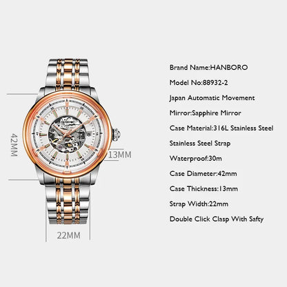 HANBORO Men Automatic Watch Luxury Male Watches Business Mechanical Wristwatches Waterproof Steel Strap Skeleton Dial