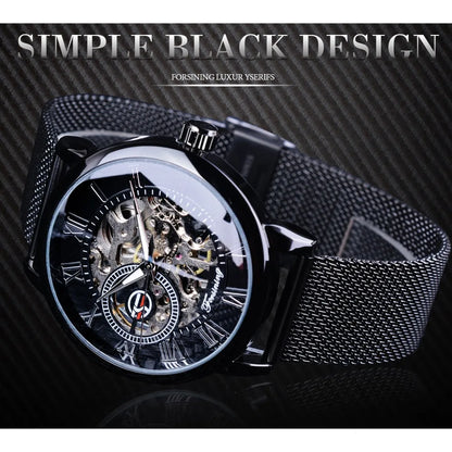 Forsining Retro Fashion Design Skeleton Sport Mechanical Watch Luminous Hands Transparent Mesh Bracelet For Men Top Brand Luxury