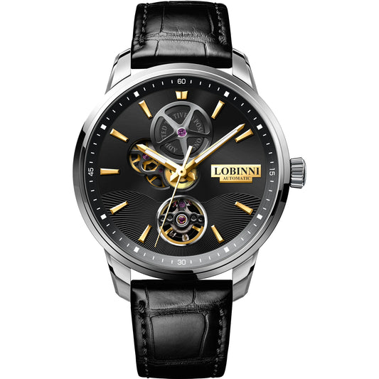 LOBINNI Mens Automatic Watches Male Luxury Watch Waterproof Mechanical Wristwatch Luminous Sapphire Skeleton Dial Leather Strap