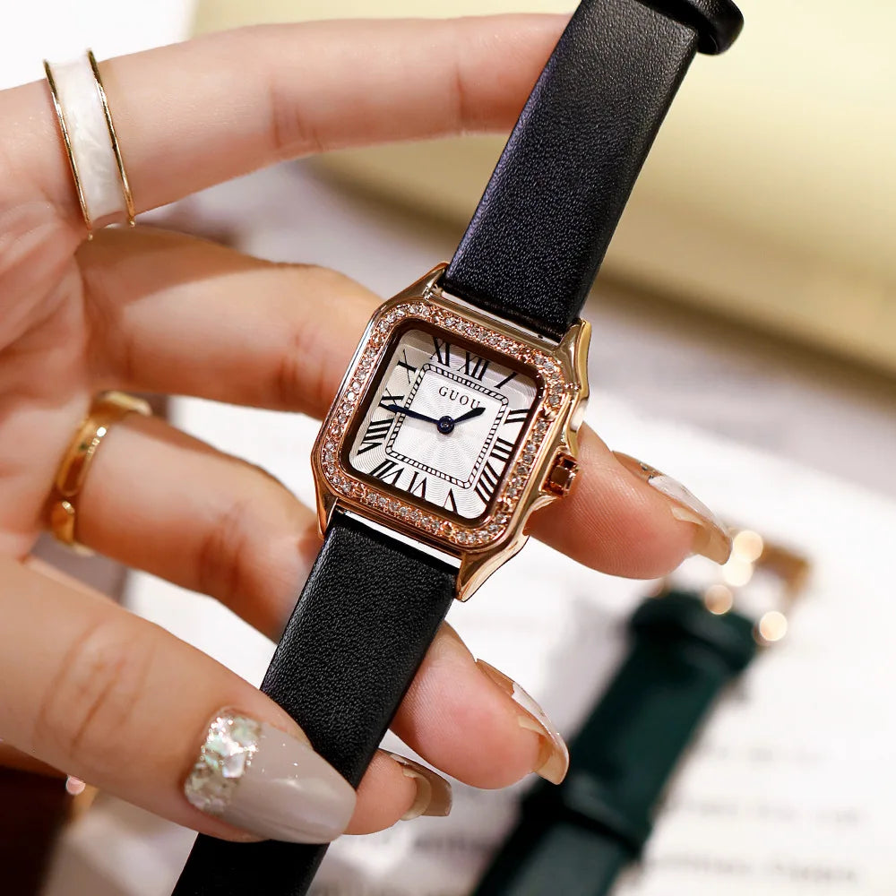 Fashion New Guou 6024 Top Brand Women Watch Luxury Wristwatches Leather Casual Dress Ladies Square Quartz Clocks