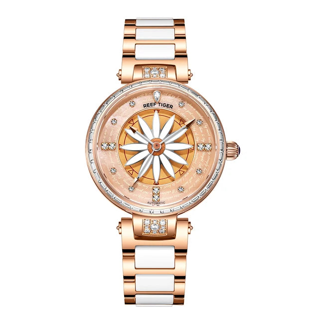 Reef Tiger-relojes automáticos para mujer, reloj de pulsera mecánico de lujo para mujer, escamas de diamante, esfera de flores, correa de cerámica de zafiro RGA1599