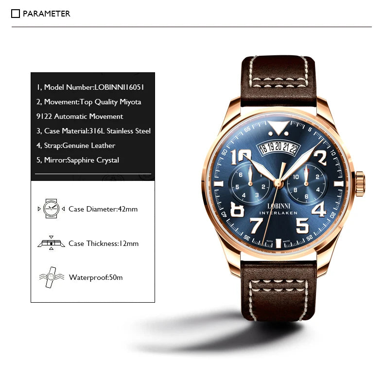 LOBINNI Mens Automatic Watches Luxury Watch Mechanical Wristwatch Luminous Waterproof  Sapphire Month Week Date Leather Strap