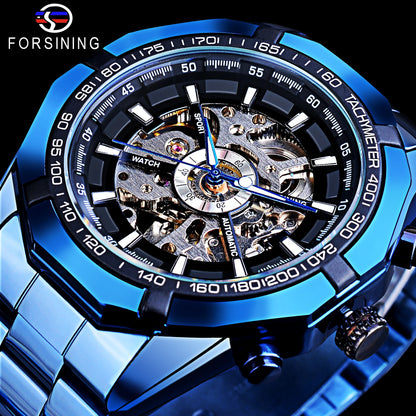 Forsining Mechanical Men's Wristwatch Skeleton Hollow Automatic Watch 3Bar Stainless Steel Men Watches Blue Fashion Reloj Hombre