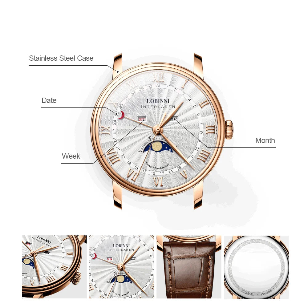 Reloj de fase lunar para hombre, relojes de pulsera para hombre LOBINNI, reloj de pulsera de cuarzo para hombre, reloj resistente al agua, vestido de zafiro, marca de lujo superior