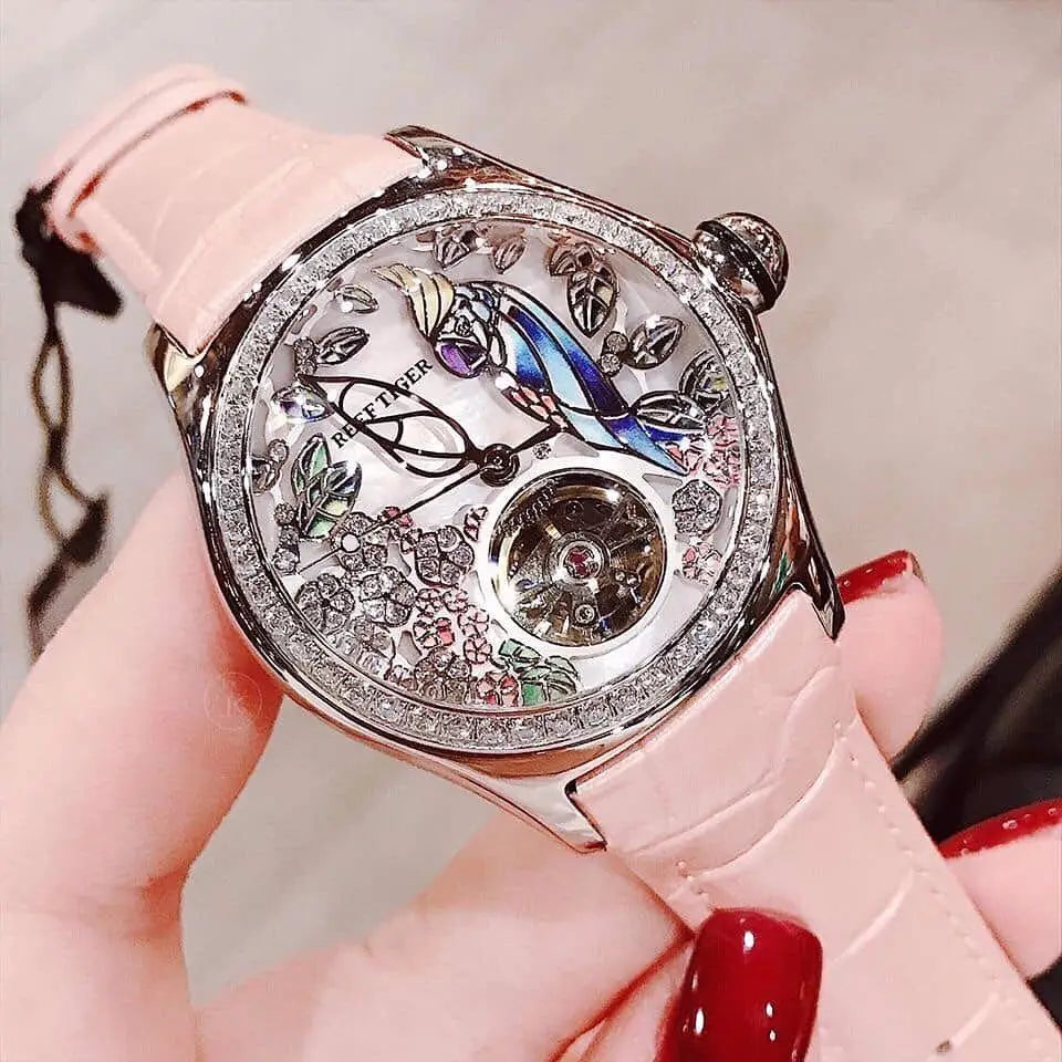 Reef Tiger/RT Relojes de lujo para mujer, relojes resistentes al agua con diamantes, esfera rosa, relojes Tourbillon automáticos RGA7105