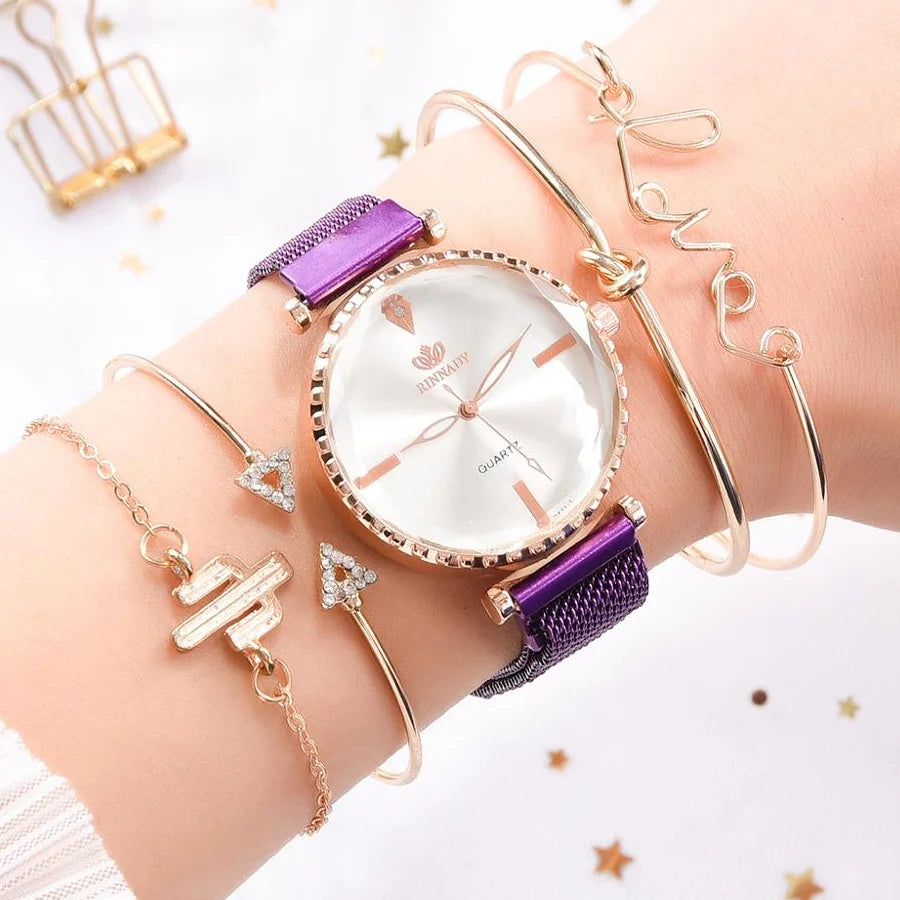 Women‘s Watch Set 5pcs Simple Rhinestone Ladies Watches Luxury Woman Wristwatch Magnetic Mesh Purple New zegarek damski relogios