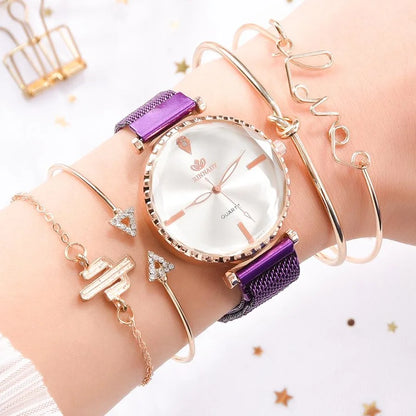 Women‘s Watch Set 5pcs Simple Rhinestone Ladies Watches Luxury Woman Wristwatch Magnetic Mesh Purple New zegarek damski relogios