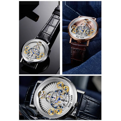 Reef Tiger Mens Luxury Watches Fashion Male Quartz Wristwatches Waterproof Skeleton Dial Leather Strap Relogio Masculino RGA1958