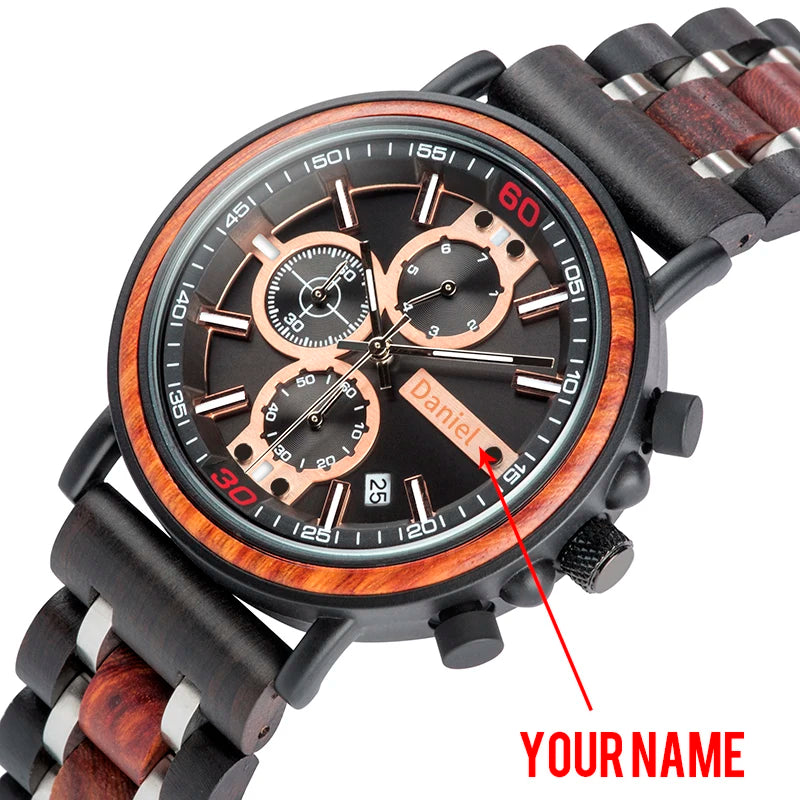 relogio masculino Watch Men BOBO BIRD Wood Military Stainless Steel Customize Name Chronograph Wristwatch Anniversary Gift