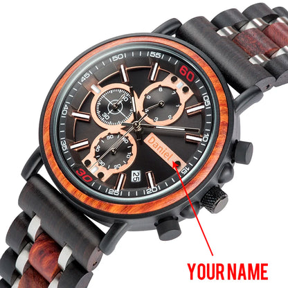 relogio masculino Watch Men BOBO BIRD Wood Military Stainless Steel Customize Name Chronograph Wristwatch Anniversary Gift