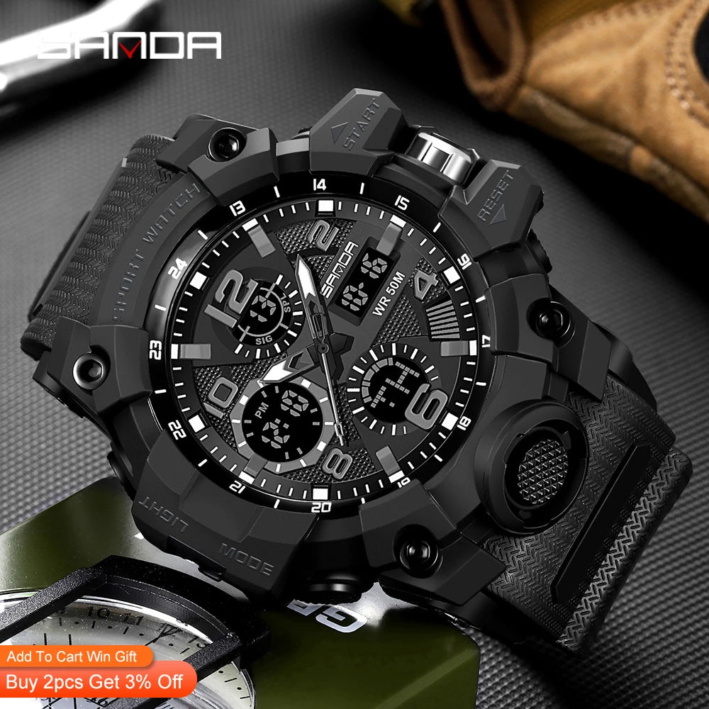 SANDA-reloj deportivo militar para hombre, pulsera de cuarzo con pantalla Dual resistente al agua, cronómetro Masculino, 2021