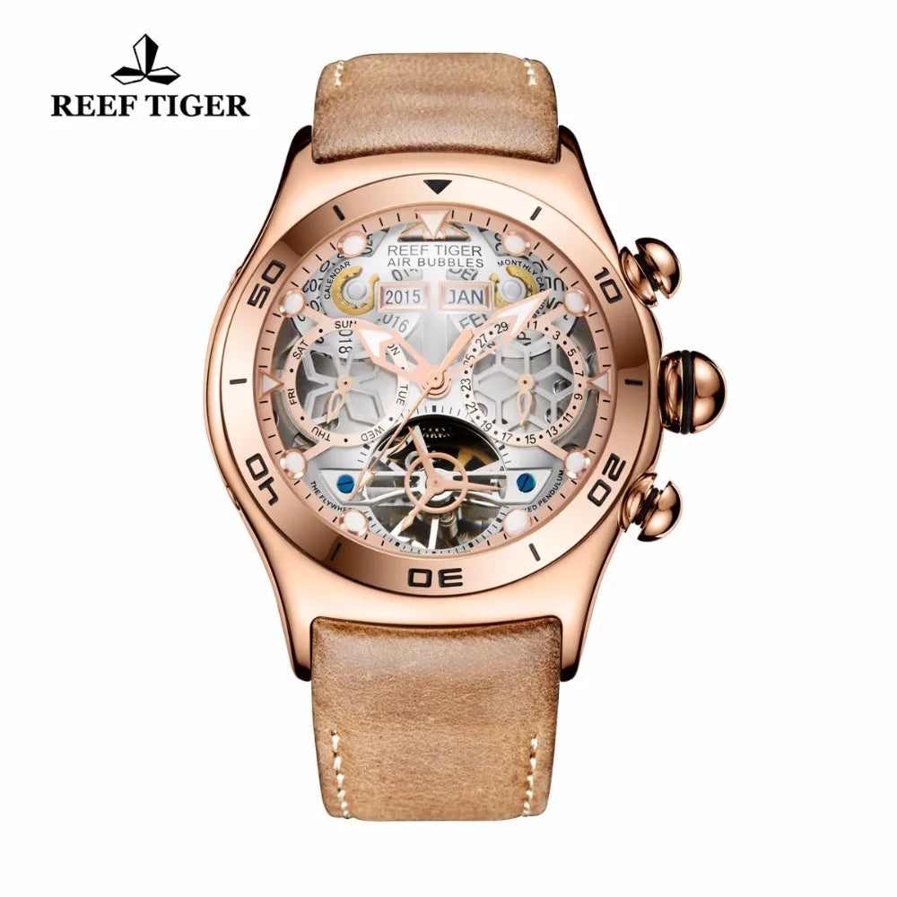 Reef Tiger relojes automáticos con mecanismo a la vista dorado rosa de lujo Tourbillon relojes con correa de cuero reloj deportivo resistente al agua para hombres RGA703