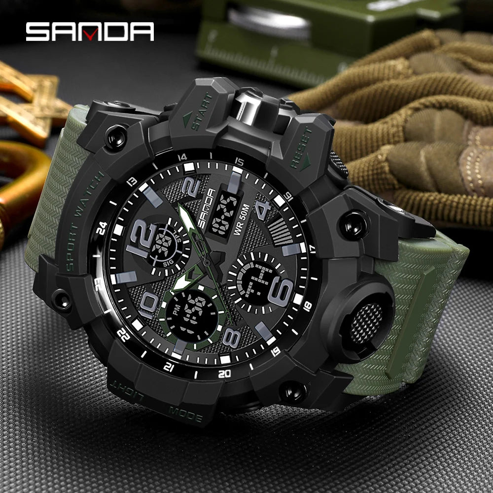 SANDA-reloj deportivo militar para hombre, pulsera de cuarzo con pantalla Dual resistente al agua, cronómetro Masculino, 2021