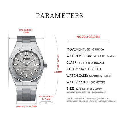 CADISEN 自動巻き メンズ腕時計 ファッション トップブランド ステンレススチール 日本製 NH35A 腕時計 メンズ 機械式腕時計 レロジオ マスキュリーノ