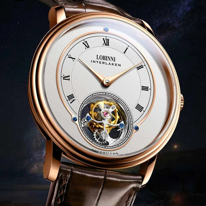 LOBINNI Men Tourbillon Watch Luxury Mens Watches Dress Mechanical Wristwatch Business Sapphire Crystal Skeleton Leather Strap