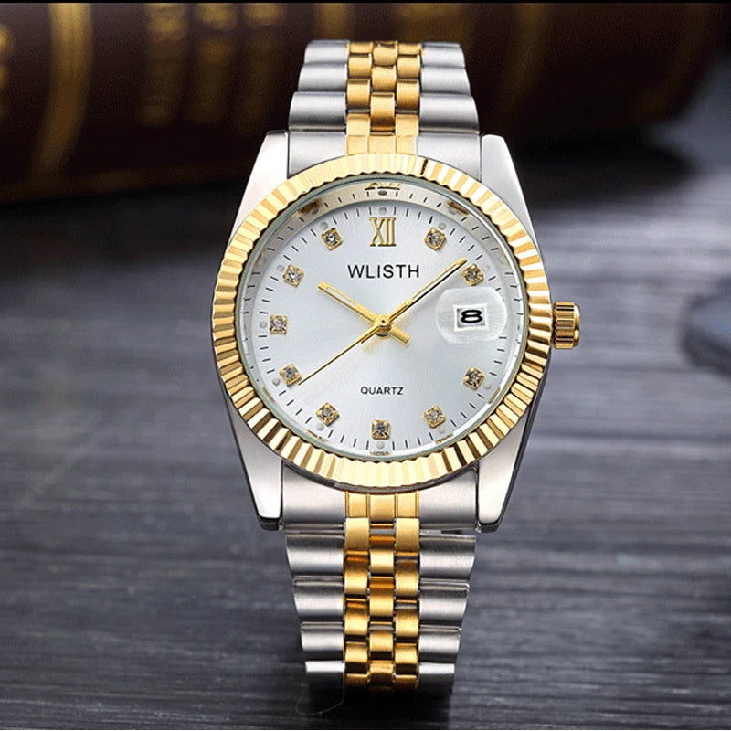 WLISTH 2023, reloj dorado de lujo para amantes de los hombres, relojes de pulsera masculinos resistentes al agua de cuarzo de acero inoxidable para hombres, reloj analógico con fecha automática