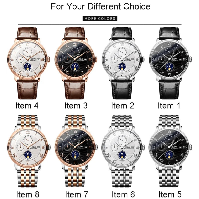 Relojes suizos LOBINNI para hombre, marca de lujo, gaviota, mecánico automático, resistente al agua, multifunción, relojes de fase lunar, L1023-8