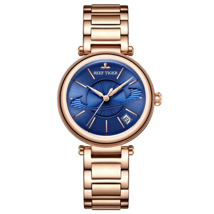 Reef Tiger/RT reloj azul de oro rosa de lujo para mujer, reloj creativo de lujo, reloj impermeable para mujer, reloj femenino RGA1591