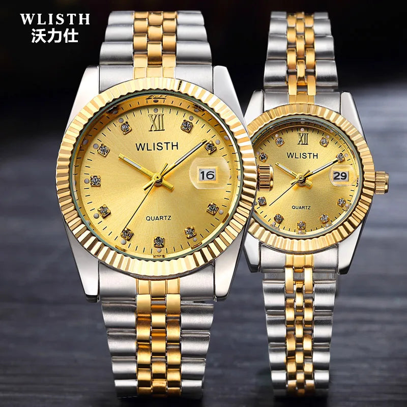 WLISTH 2023, reloj dorado de lujo para amantes de los hombres, relojes de pulsera masculinos resistentes al agua de cuarzo de acero inoxidable para hombres, reloj analógico con fecha automática