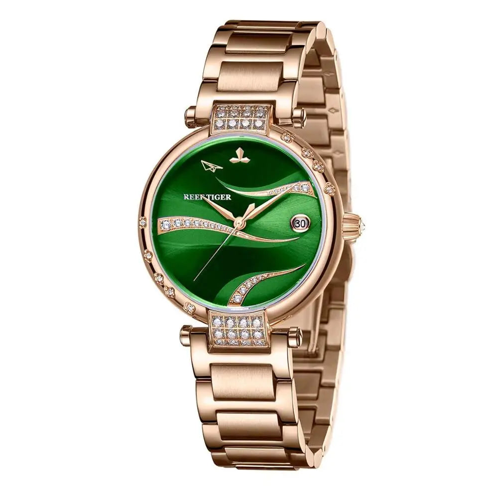 Reef Tiger/RT Reloj de acero inoxidable con caja de oro rosa a la moda para mujer, calendario analógico, esfera verde automática RGA1589