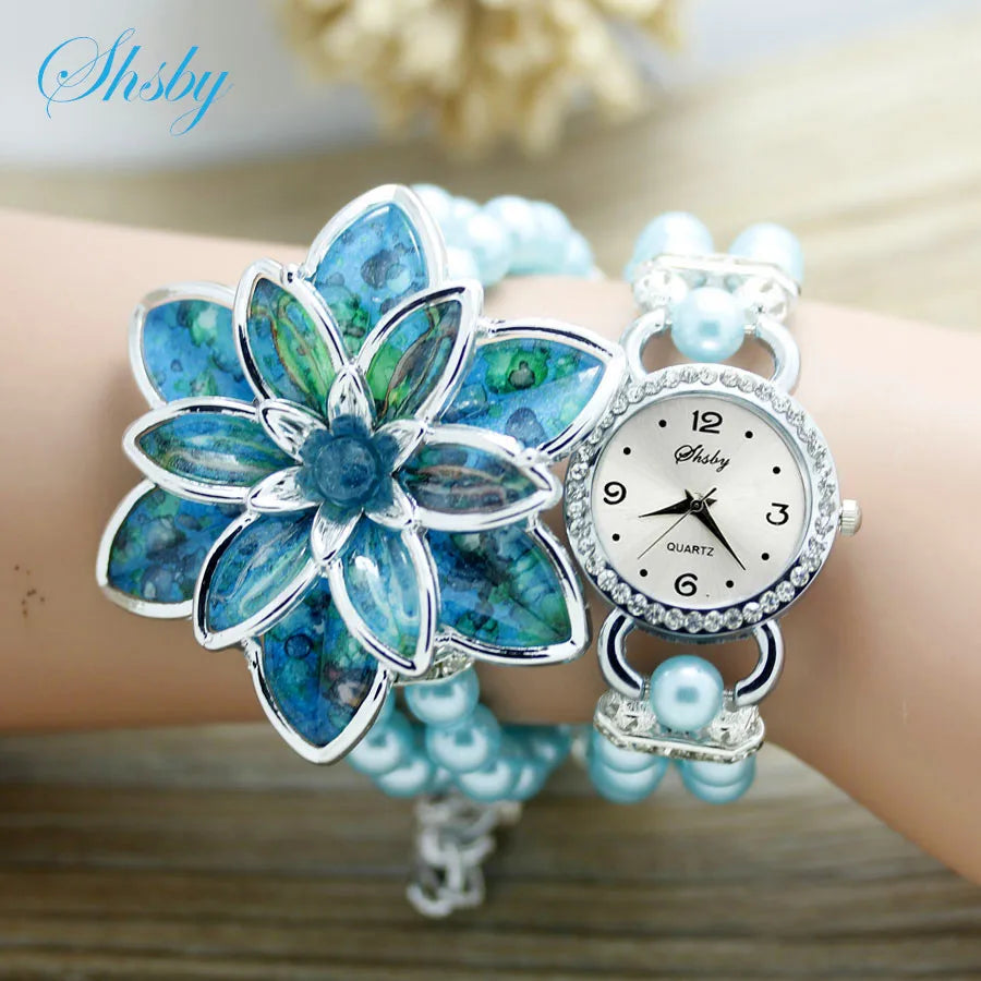 Shsby, relojes de moda para mujer con diamantes de imitación, correa de perlas para mujer, pulsera de flores de muchos pétalos, relojes de pulsera de cuarzo, relojes de vestir para mujer