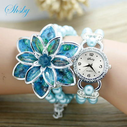 Shsby, relojes de moda para mujer con diamantes de imitación, correa de perlas para mujer, pulsera de flores de muchos pétalos, relojes de pulsera de cuarzo, relojes de vestir para mujer