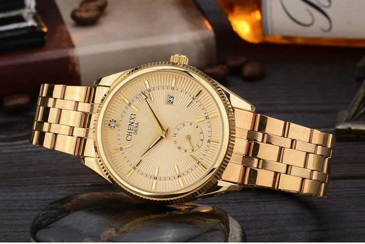 Marca CHENXI, relojes de cuarzo dorados con calendario, reloj de pulsera de lujo para hombre, reloj dorado con diamantes de imitación, reloj Masculino