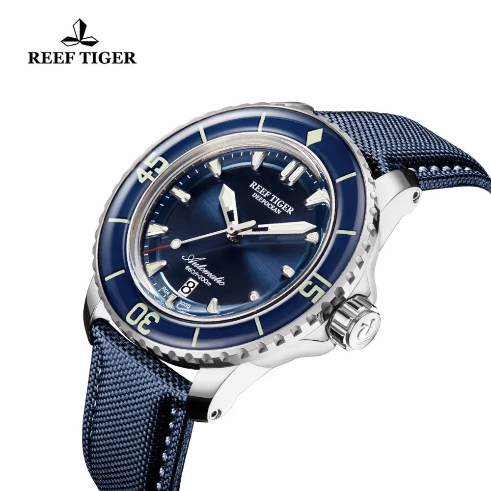 Reef Tiger/RT Relojes de buceo superluminosos para hombre, analógico, automático, esfera azul, reloj con fecha RGA3035