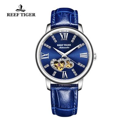 Reef Tiger/RT marca de lujo relojes de Mujer relojes de acero todos azules correa de cuero relojes de diamantes Reloj de Mujer RGA1580