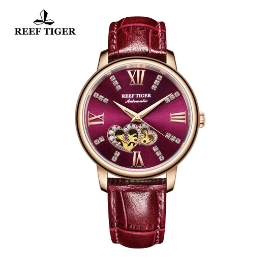 Reef Tiger/RT marca superior de lujo reloj de mujer relojes de moda automáticos regalo de amante oro rosa reloj rojo reloj femenino RGA1580