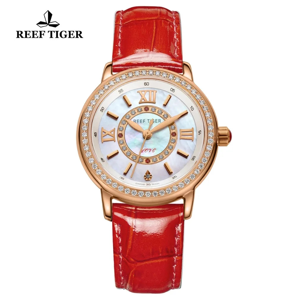 Reef Tiger/RT relojes de lujo de la mejor marca, reloj de cuarzo resistente al agua con correa de cuero rojo para mujer, reloj de regalo para esposa RGA1563