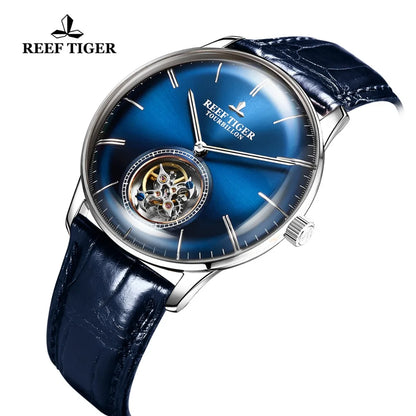 Reef Tiger/RT relojes mecánicos automáticos de marca de lujo reloj Tourbillon azul correa de cuero para hombre reloj masculino RGA1930