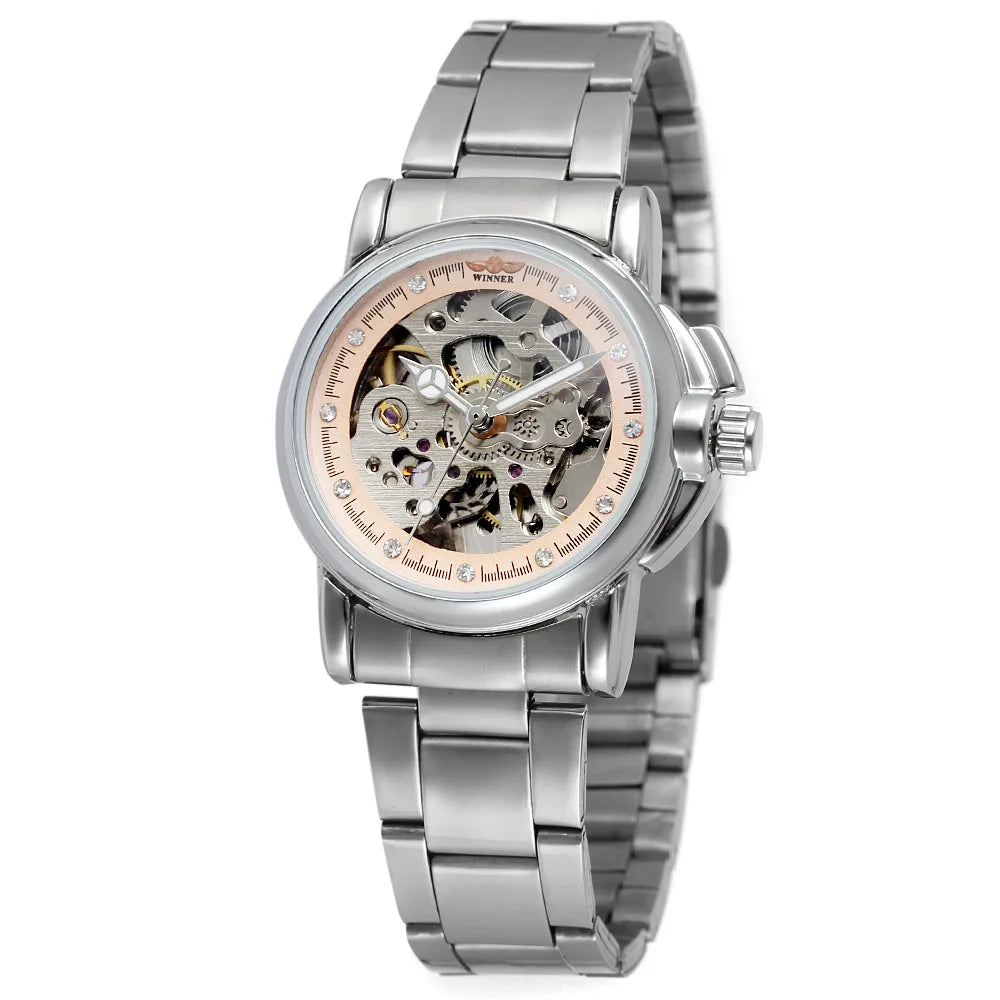 Relojes mecánicos automáticos dorados de lujo para mujer, reloj de acero inoxidable a la moda para mujer, reloj con esqueleto hueco de cristal Saati