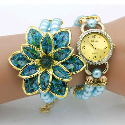 Shsby, relojes de moda para mujer con diamantes de imitación, correa de perlas para mujer, pulsera de flores de muchos pétalos, relojes de pulsera de cuarzo, relojes de vestir para mujer