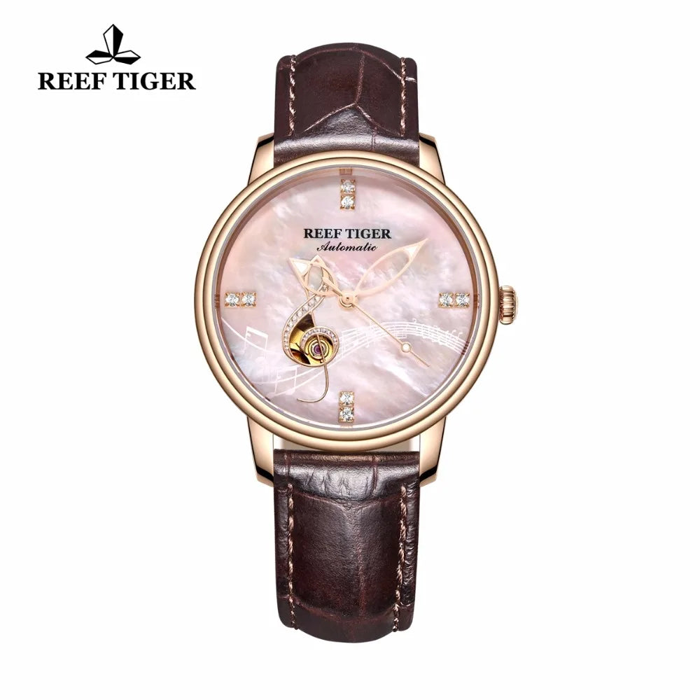 Reef Tiger/RT relojes de moda de lujo para mujer reloj analógico automático con esfera de concha rosa y oro rosa RGA1582