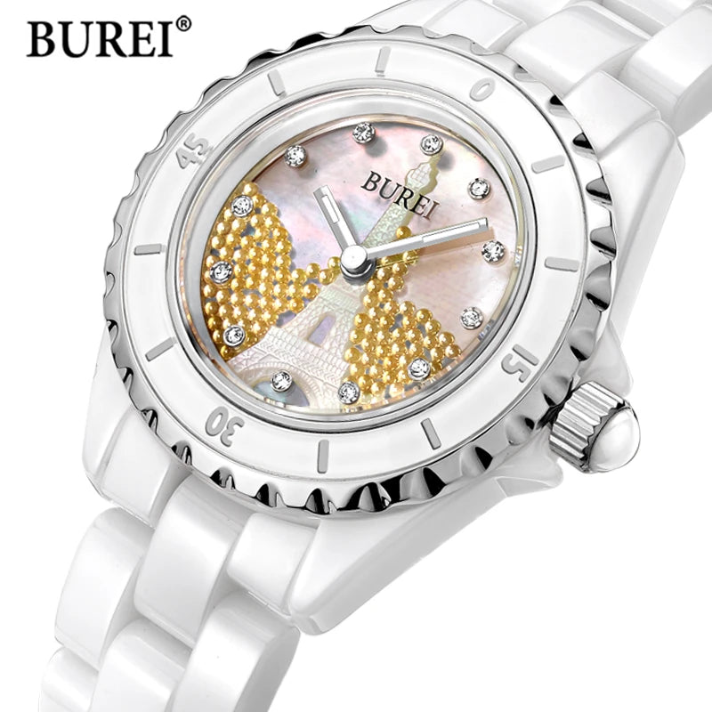 BUREI Brand Ladies Fashion Ceramic Bracelet Watch Women Luxury Waterproof Casual Crystal Quartz Wristwatch Relogio Feminino 2022